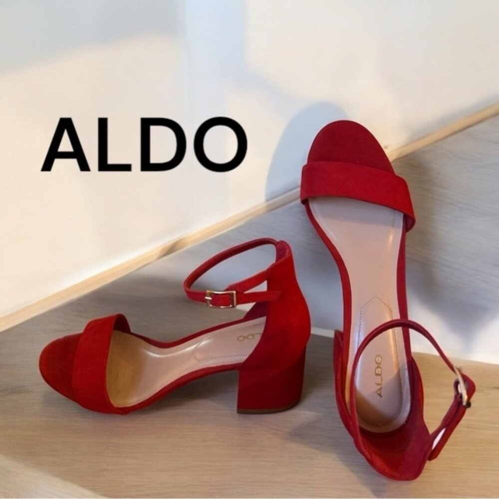Aldo Red Ankle Strap Comfortable Block Heel Pop of Color Dressy Sandal